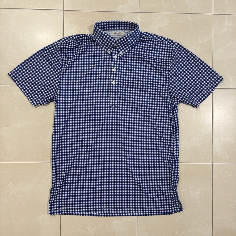 Collars & Co Polo Shirt Men's Medium Blue Plaid 100% Polyester Short Sleeve Prep